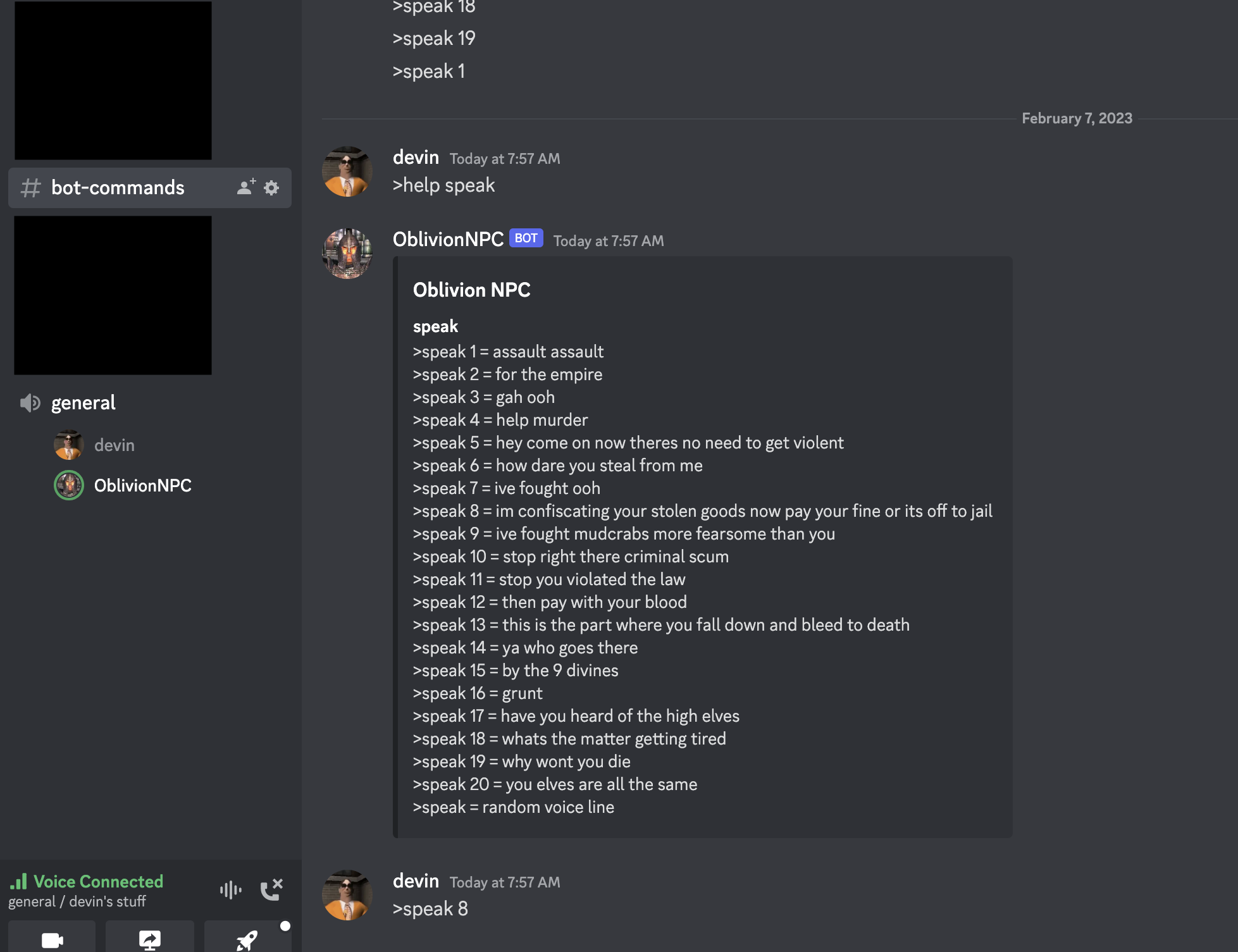 oblivion npc discord bot in action screen shot