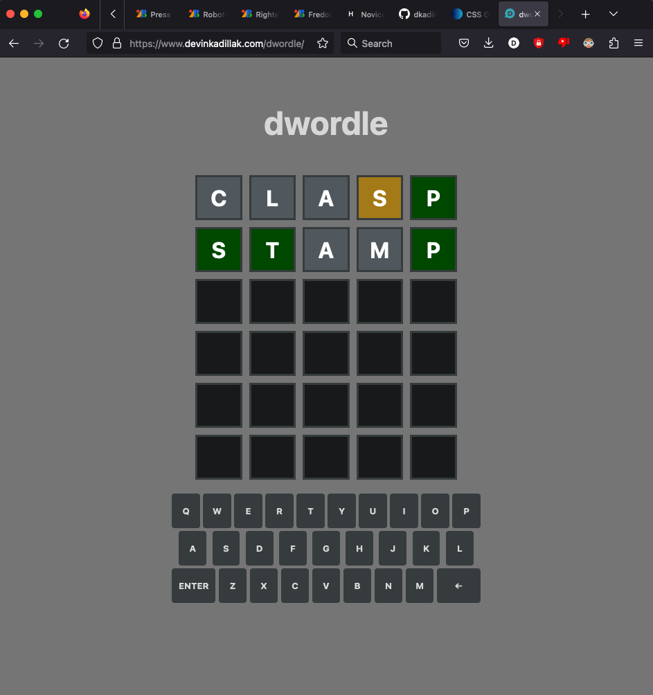 screen shot of dwordle, the wordle clone devin made